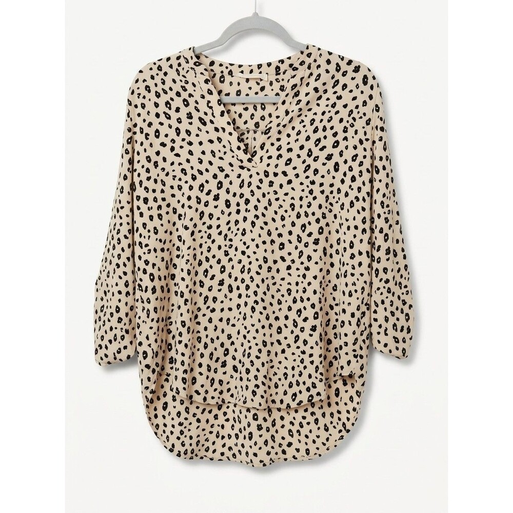 LUSH Women’s Size Large Beige Black Leopard Print Roll Tab Sleeve Tunic Blouse